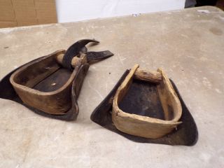 2 Old Western Horse Saddle Wood & Leather Stirrups