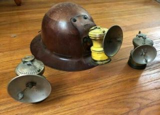 Vintage Msa Skullgard Miners Helmet With 3 Auto Lite Lamps