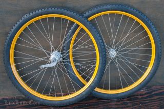 26 " Iver Johnson Yellow Prewar Bicycle Wheels Tires Newdeparturehub Vintage Bike