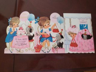 Vtg Hallmark Birthday Greeting Card Cute Girl Sailor Dress Pink Cake Puppy Purse