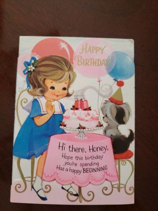 Vtg Hallmark Birthday Greeting Card Cute Girl sailor dress pink Cake puppy purse 2