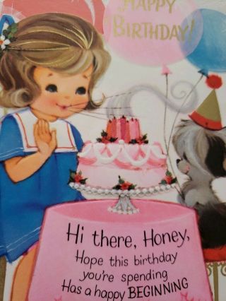 Vtg Hallmark Birthday Greeting Card Cute Girl sailor dress pink Cake puppy purse 3