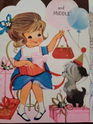 Vtg Hallmark Birthday Greeting Card Cute Girl sailor dress pink Cake puppy purse 4