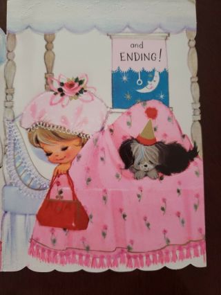 Vtg Hallmark Birthday Greeting Card Cute Girl sailor dress pink Cake puppy purse 5
