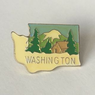 Washington State Pin Brooch Lapel Log Cabin Snow Pine Trees Vintage