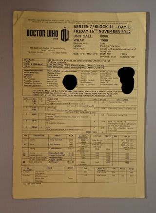 Rare 11th Dr Production Call Sheet Prop Doctor Who