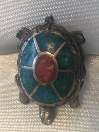 Vintage Sterling Silver Turquoise & Coral Chip Inlay Turtle Ring