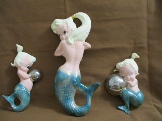 Vintage Freeman Mcfarlin Wall Set Of 3 Mermaids Aqua/blue Tails.