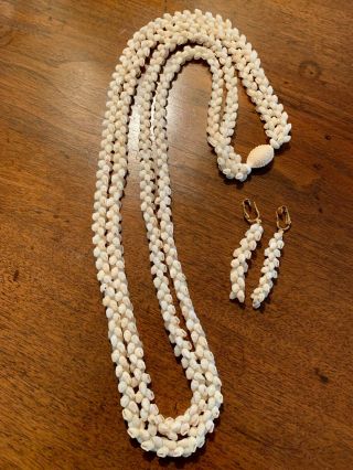 Vintage Hawaiian 38 " Double Strand Momi Shell Pikake Lei Necklace Clip Earrings