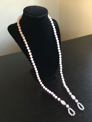 Fine Old Long Chinese Pink Rose Quartz Stone Bead Knotted Rope Belt Necklace Nr