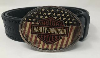 Harley Davidson Black Leather Belt Size 34 Stars Stripes Flag Metal Belt Buckle