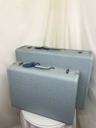Vtg Samsonite Suitcase Set Hard Shell Light Blue Brass 50s 60s Mad Men Carry On
