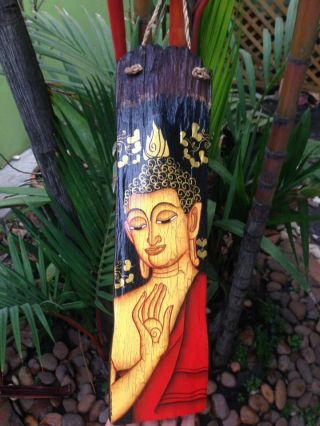Thai Painted Buddha Wood Hand Craft Wall Hanging Home Decor Vintage Picture Art 10