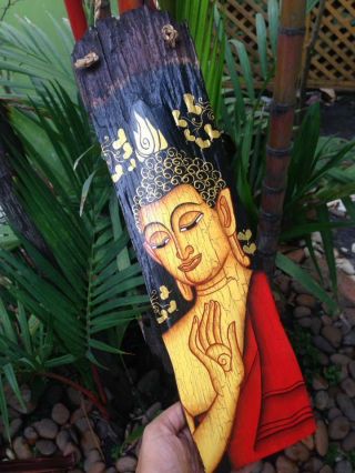 Thai Painted Buddha Wood Hand Craft Wall Hanging Home Decor Vintage Picture Art