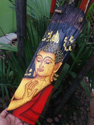 Thai Painted Buddha Wood Hand Craft Wall Hanging Home Decor Vintage Picture Art 2