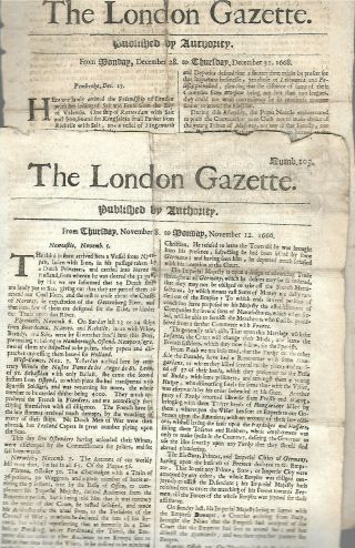 2 Rare Orig.  English Newspapers " The London Gazette " 1666/68 " Impaired "