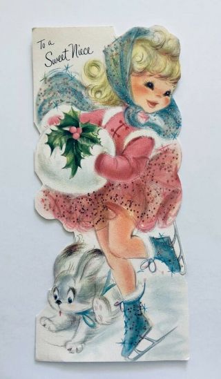 Large Vintage Hallmark Christmas Card Girl Pink Glitter Dress Ice Skate Dog Muff