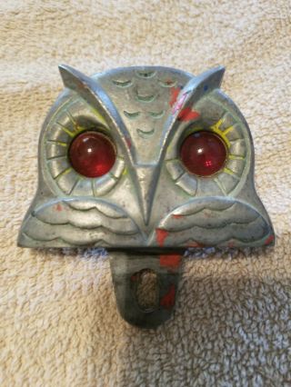 Vintage Rare Owl License Plate Topper Red Glass Eyes National Colortype Gas Oil