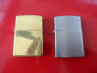 2 Vintage Zippo Lighters Brushed Chrome Finish And Solid Brass