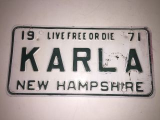 Karla - Hampshire Vanity License Plate 1971 Personalized Tag Vintage Karl A
