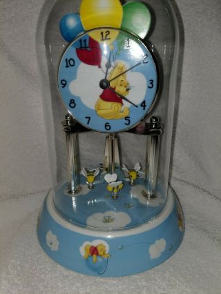 Disney Winnie The Pooh Clock Balloons Clouds Honeybees Porcelain Base Glass Dome