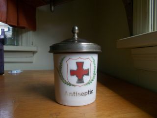 Antique Milkglass Red Cross Antiseptic Hospital Or Barber Shop Jar &original Lid