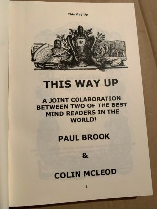 Paul Brook And Colin Mcleod This Way Up Mentalism Book Very Rare Magic