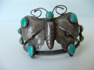 Large Vintage Navajo Silver And Turquoise Butterfly Bracelet