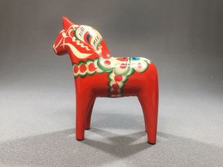Nils Olsson Hand Painted & Carved Red Dala Horse Sweden 6 " H Label -