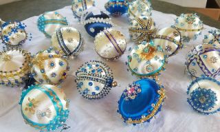 20 Vtg Blue Fancy Handmade Xmas Ornaments Beads Sequins Ribbon Satin Pins