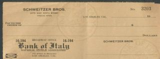 Circa 1930 Check Bank Of Italy 7th Street & Broadway Los Angeles Ca