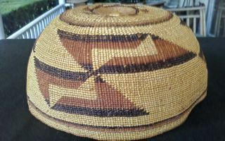 Vintage Native American woven basket/hat (Hupa?) swastika geometric design 11
