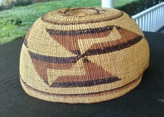 Vintage Native American Woven Basket/hat (hupa?) Swastika Geometric Design