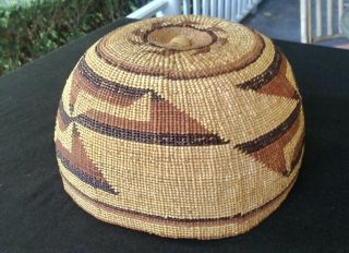 Vintage Native American woven basket/hat (Hupa?) swastika geometric design 2