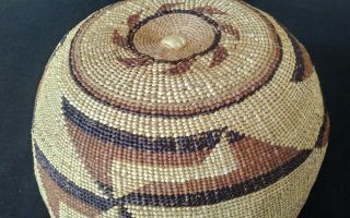 Vintage Native American woven basket/hat (Hupa?) swastika geometric design 9