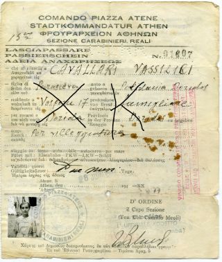 Greece Athens - Potidania Permit Italia And Germany Occupation Forces 1942 Wwii