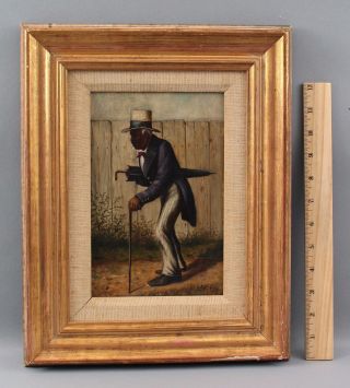 Antique Black Americana Folk Art Portrait Oil Painting,  Man w/ Cane & Top Hat 2