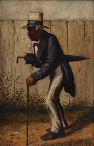 Antique Black Americana Folk Art Portrait Oil Painting,  Man w/ Cane & Top Hat 3