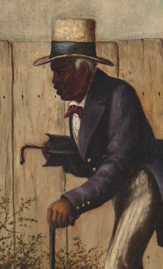 Antique Black Americana Folk Art Portrait Oil Painting,  Man w/ Cane & Top Hat 4