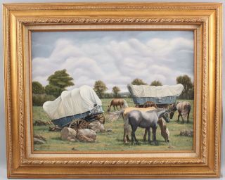 Authentic Dominick Doming Oil Painting American Western Horses Wagons Landscape