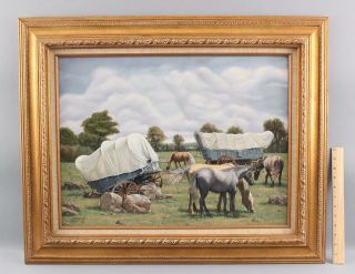 Authentic DOMINICK DOMING Oil Painting American Western Horses Wagons Landscape 2