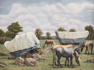 Authentic DOMINICK DOMING Oil Painting American Western Horses Wagons Landscape 3