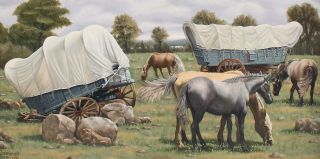 Authentic DOMINICK DOMING Oil Painting American Western Horses Wagons Landscape 4