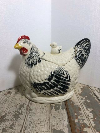 Vintage Farmhouse Cookie Jar Hen Rooster Chicken With Chicks Morton Pottery 1940