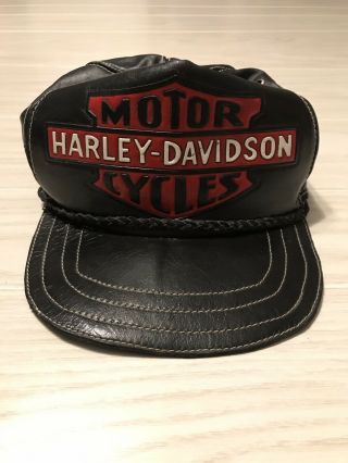 Vintage Leather Harley Davidson Motorcycles Captain’s Hat Cap Black Red Leather