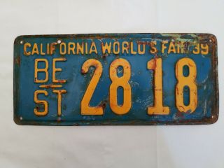 1939 California Worlds Fair 39 Be St 2818 License Plate
