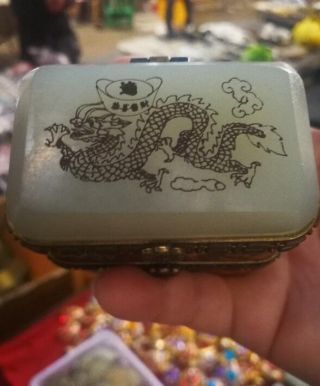 Vintage Handmade Old Chinese Bone White Jade Carving Dragon Jewelry Box Aaaaa