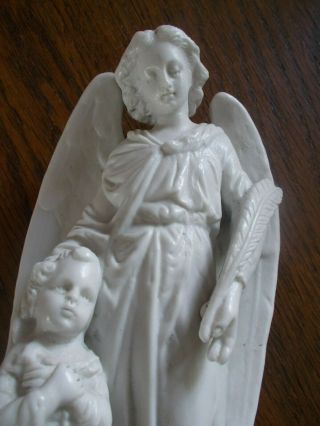 Large antique porcelain guardian angel with child Holy waterfont signed 11.  02 