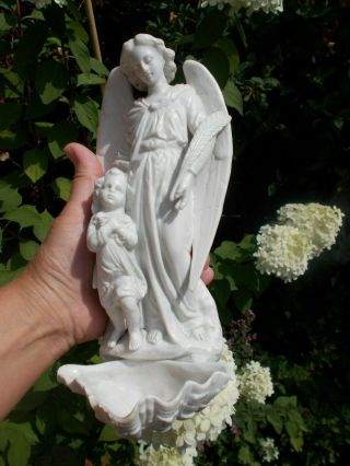 Large antique porcelain guardian angel with child Holy waterfont signed 11.  02 