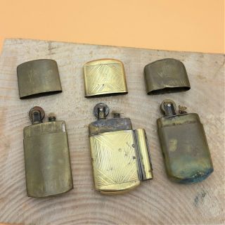 Three Old Vintage Brass Petrol Oil Lighters Millitary 1910s - 30s / France